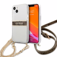 Guess GUHCP13SKC4GBGO iPhone 13 mini 5.4" skaidrus kietasis dėklas 4G rudos spalvos dirželiu ir auksine grandinėle