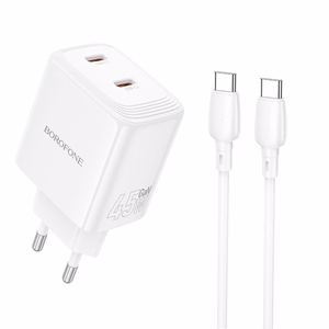 Borofone sieninis įkroviklis BN31 Cargador GaN - 2x Type C - QC 3.0 PD 45W su Type C į Type C kabeliu baltas
