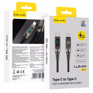 Blavec Laidas Lumix pintas - Typ C na Typ C - PD 100W 5A LED display 1,2 metra Apple CarPlay/Android Auto (CLU-CC5BG12) juodas-pilkas