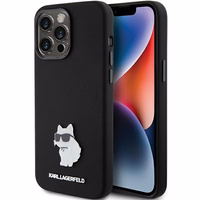 Karl Lagerfeld silikoninis Choupette Metal Pin dėklas telefonui iPhone 15 Pro Max - juodas