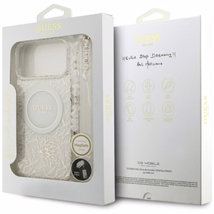 Guess IML MagSafe dėklas su gėlių raštu, metalizuota apdaila ir perlų dirželiu, skirtas iPhone 18 Pro Max / 17 Pro Max, baltas