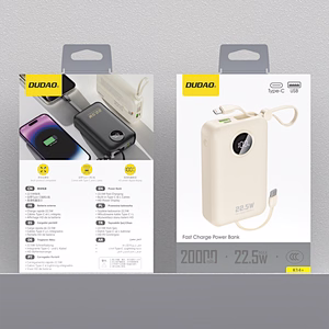 Dudao K14+ Powerbank 20000mAh 22.5W USB-C / USB-A / Built-in Lightning and USB-C Cables - baltas