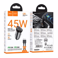 Automobilinis įkroviklis Hoco 2 x USB C QC PD 45W + kabelis USB C į Lightning NZ16B metalinis pilkas