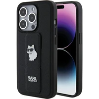 Karl Lagerfeld Gripstand Saffiano Choupette Pins dėklas telefonui iPhone 15 Pro Max - juodas