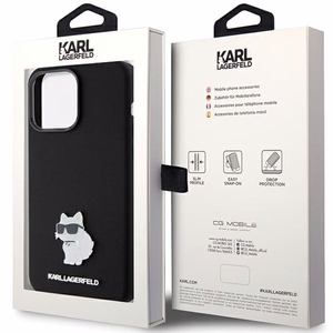Karl Lagerfeld silikoninis Choupette Metal Pin dėklas telefonui iPhone 15 Pro Max - juodas