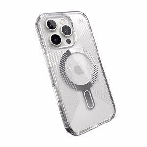 Speck Presidio Perfect-Clear Grip ClickLock & MagSafe dėklas, skirtas iPhone 16 Pro, skaidrus / chromo apdaila / „Serene Silver“