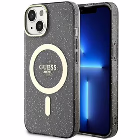 Guess GUHMP14MHCMCGK iPhone 14 Plus 6.7" juodas/juodas kietas dėklas Blizgučiai Auksas Magnetinis