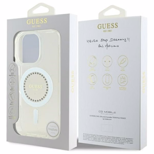 Guess IML Rhinestones magnetinis dėklas telefonui iPhone 16 Pro - baltas
