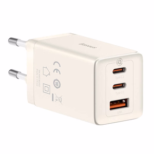 Sieninis įkroviklis Baseus GaN5 2x USB-C + USB, 65W + laidas 1m (baltas)