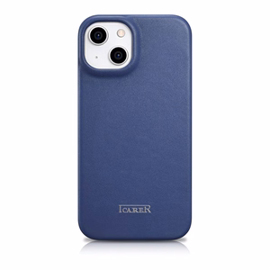 iCarer CE Premium odinis folio dėklas iPhone 14 Plus magnetinis atverčiamas odinis folio dėklas MagSafe mėlyna