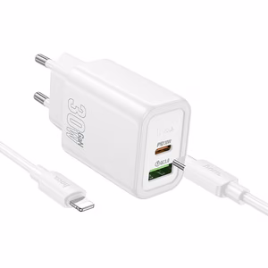 Įkroviklis telefonui Hoco USB A + USB C QC3.0 PD 3A 30W + kabelis USB C į Lightning N63 balta