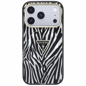 Guess IML Zebra Glitter Triangle Logo MagSafe dėklas, skirtas iPhone 18 Pro / 17 Pro – spalva: sidabrinė