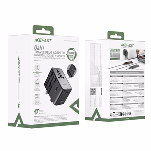 Acefast Z8 GaN 45W kelioninis adapteris 3x USB-C + 2x USB-A kelioninis tinklo įkroviklis su 2500W AC lizdu - juodas