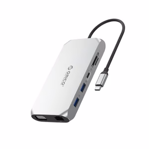 Orico XCR 12 viename USB-C prijungimo stotelė 3x USB-A 3.1 1x USB-A 2.0 1x USB-C PD 100W 1x USB-C 3.1 1x HDMI 1.4 4K 30Hz 1x VGA 1080p 1x SD 3.0 1x microSD 3.0 1x RJ45 Gigabit Ethernet 1x garso CTIA 3.5 mm - sidabrinė