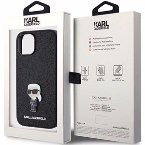 Karl Lagerfeld Fiksuotas blizgučių Ikonik logotipas metalinis kaištis dėklas iPhone 15 - juoda