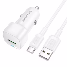 "Borofone" automobilinis įkroviklis BZ34 Cloud - USB - QC 3.0 18W su C tipo USB kabeliu, baltos spalvos