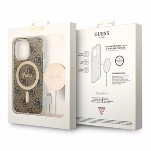 Rinkinys Guess GUBPP13LH4EACSW dėklas + įkroviklis iPhone 13 Pro rudas kietas dėklas su 4G raštu Magnetinis