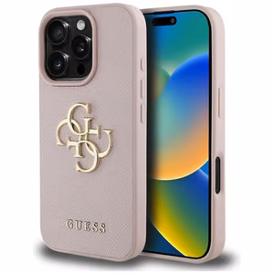Guess grūdėtas didelis 4G logotipas mažas klasikinis logotipas dėklas iPhone 16 Pro - rožinis