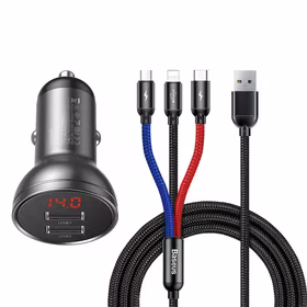 Baseus automobilinis įkroviklis 2x USB 4.8A 24W su LCD ekranu + 3in1 kabelis USB - USB Type C / micro USB / Lightning 1.2m juodas (TZCCBX-0G)
