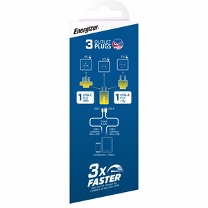 Energizer Ultimate A38QMU GaN kelioninis tinklo įkroviklis su EU / UK / US kištukais, USB-C + USB-A, 38 W PD + QC 3,0, sidabro spalvos