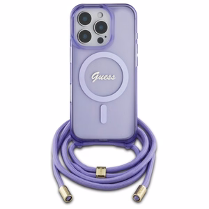 Guess Crossbody Cord Script Magnetinis dėklas iPhone 16 Pro Max - violetinis