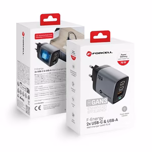 FORCELL F-ENERGY GaN III VT-37 kelioninis įkroviklis su skaitmenine indikacija Type C + USB A PD QC4.0 SAM SFC2.0 3,45A 70W pilkas