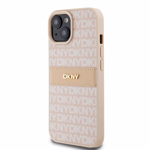 DKNY Odinis mono juosta ir metalinis logotipas dėklas telefonui iPhone 15 Plus / 14 Plus - rožinis