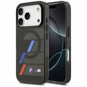 BMW M IML metaliniai mygtukai trispalvės linijos magnetinis dėklas telefonui iPhone 17 Pro Max - juodas