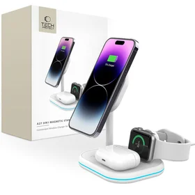 Tech-Protect QI15W-A27 3-in-1 indukcinis įkroviklis su MagSafe stovu išmaniajam telefonui / Apple Watch / AirPods - baltas