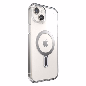 Speck Presidio Perfect-Clear MagSafe dėklas su ClickLock, skirtas iPhone 15 Plus / 14 Plus, skaidrus su chromo spalvos žiedu