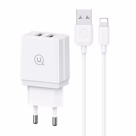 USAMS Tinklo įkroviklis 2xUSB 18W + laidas Lightning/USB-A Fast Charging baltas series HC HCXLTZ01