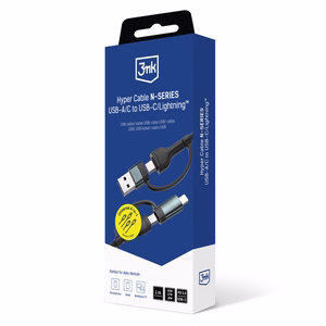 3mk Hyper Cable N-SERIES 2 in 2 USB-A / USB-C ir USB-C / Lightning 1,2 m QC 3.0 9V/2A 60W - juodas