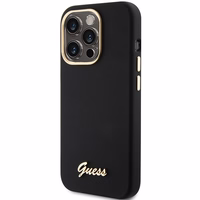 Guess Silicone Script Metal Logo & Frame dėklas telefonui iPhone 15 Pro - juodas