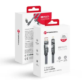 FORCELL F-ENERGY C241 4in1 kabelis Type C į USB A į Type C / Lightning QC PD 3A 60W 1 m chromuotas