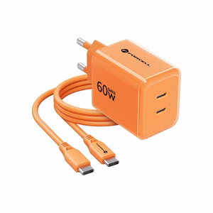 Telefono įkroviklis Forcell F-Energy GaN III Crystal Color, 2x USB C, AVS, SSFC3.0, 60W + silikoninis laidas USB C į USB C VT-60, oranžinis
