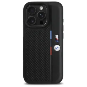 BMW M perforuota trispalvė linija iPhone 16 Pro Max dėklas - juodas