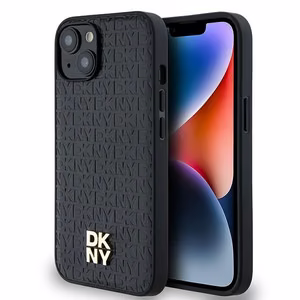 DKNY Odinis monogramos raštas su metaliniu logotipu magnetinis dėklas telefonui iPhone 15/14/13 - juodas