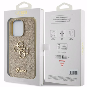 Guess Glitter Script Big 4G dėklas telefonui iPhone 15 Pro – auksinis