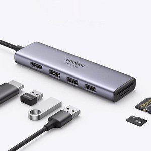 Ugreen daugiafunkcis HUB USB Type C - 3x USB 3.2 Gen 1 / HDMI 4K 60Hz / SD ir TF kortelių skaitytuvas pilkas (60383 CM511)