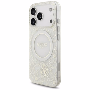 Guess IML Flowers Allover Electroplated MagSafe dėklas su perlų dirželiu, skirtas iPhone 18 Pro / 17 Pro – spalva: balta