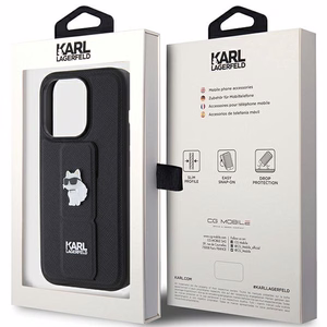 Karl Lagerfeld Gripstand Saffiano Choupette Pins dėklas telefonui iPhone 15 Pro Max - juodas