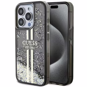 Guess Liquid Glitter Gold Stripes dėklas telefonui iPhone 15 Pro - juodas