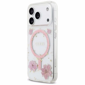 Guess dervos gėlės blizgus magnetinis dėklas telefonui iPhone 17 Pro rožinis