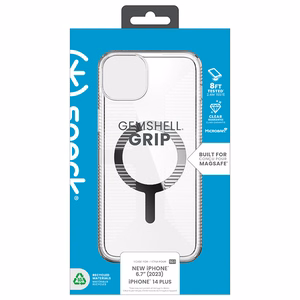 Speck GemShell Grip MagSafe dėklas, skirtas iPhone 15 Plus / 14 Plus, skaidrus su chromo spalvos akcentais