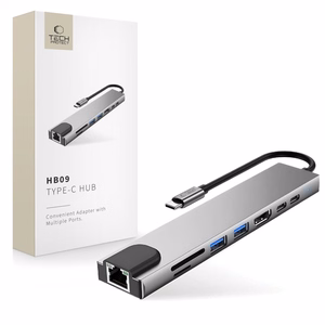 Tech-Protect HB09 USB šakotuvas 8in1 TYPE-C + USB-A 3.0 + USB-C 3.0 + HDMI 4K 60HZ + SD/TF + PD100W + RJ45 1000 MB/S - pilkas