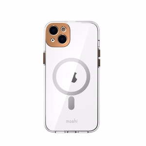 Moshi iGlaze dėklas, skirtas iPhone 14 Plus, suderinamas su MagSafe, skaidrus su „Sunset Gold“ spalvos detalėmis