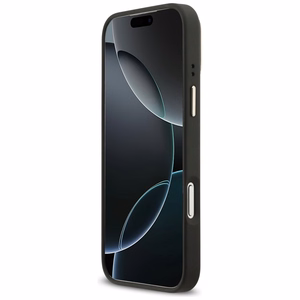 Guess 4G PU trikampio logotipo ir stovo magnetinis dėklas telefonui iPhone 17 Pro Max - juodas