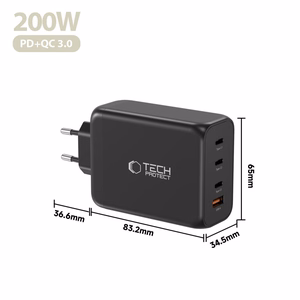 "Tech-Protect NC200W-GaN" 4 prievadų 200 W sieninis įkroviklis - juodas