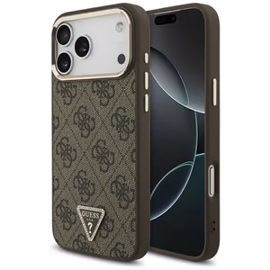 Guess PU Leather 4G Strass Triangle Logo Gold Frame MagSafe dėklas Apple iPhone 18 Pro Max, rudas