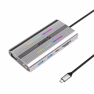 Orico XDR 12 viename RGB USB-C prijungimo stotelė USB-A USB-C PD 100W 2x HDMI 4K 60Hz VGA RJ45 Gigabit SD ir microSD kortelių skaitytuvas - pilka